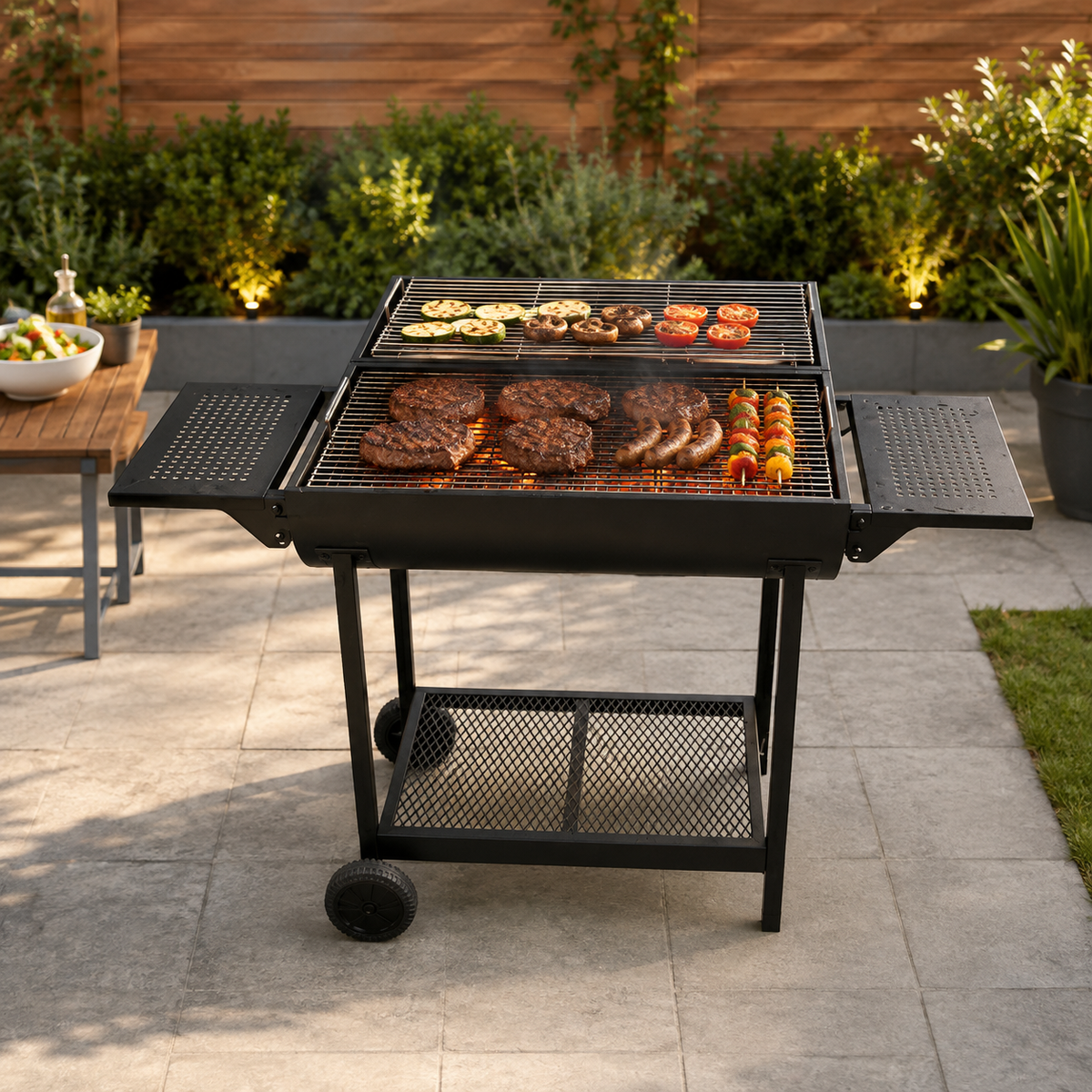 Parrilla Doble de Carbón con Tapa y Carro