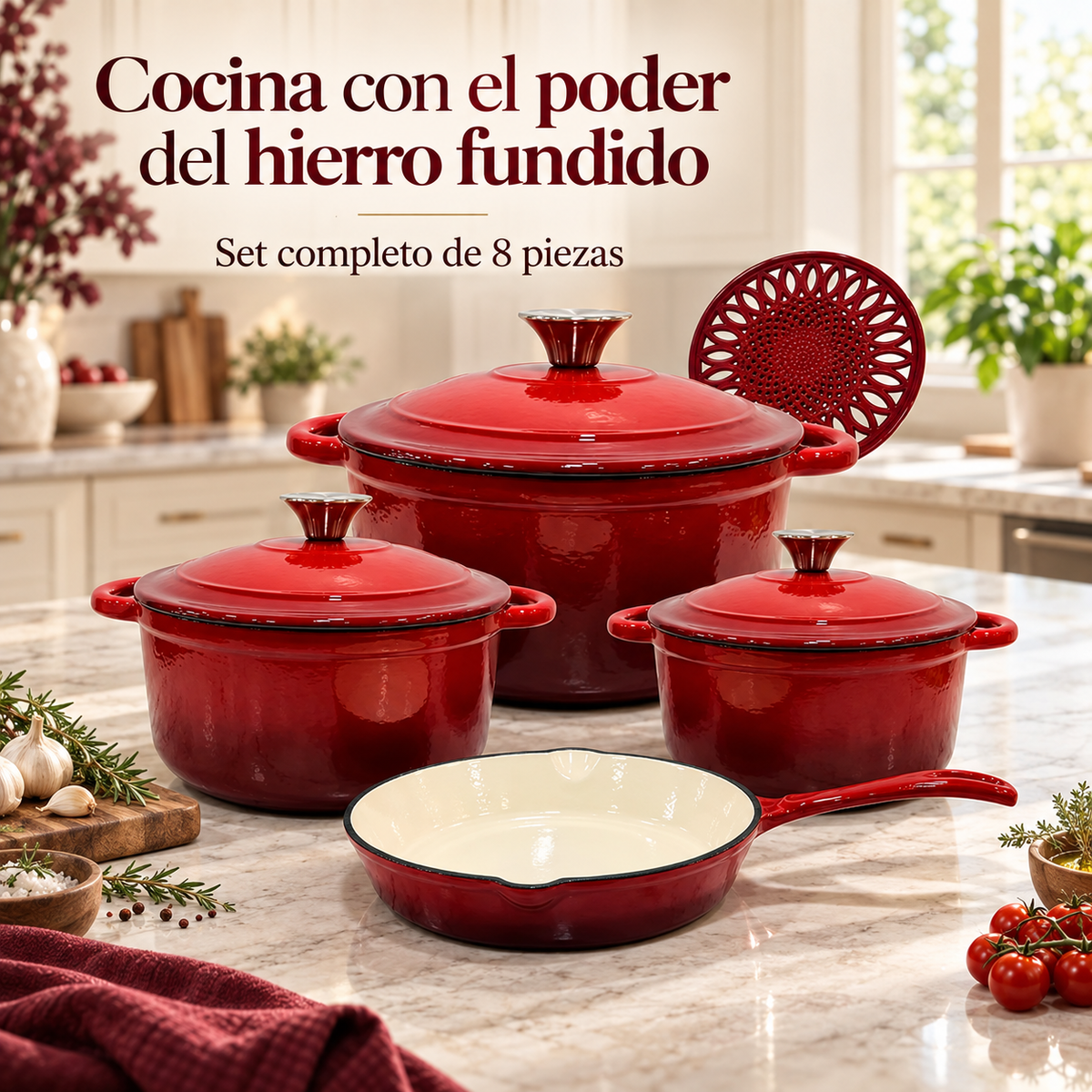 Set de Ollas de Hierro Fundido con Recubrimiento Cerámico – 8 Piezas